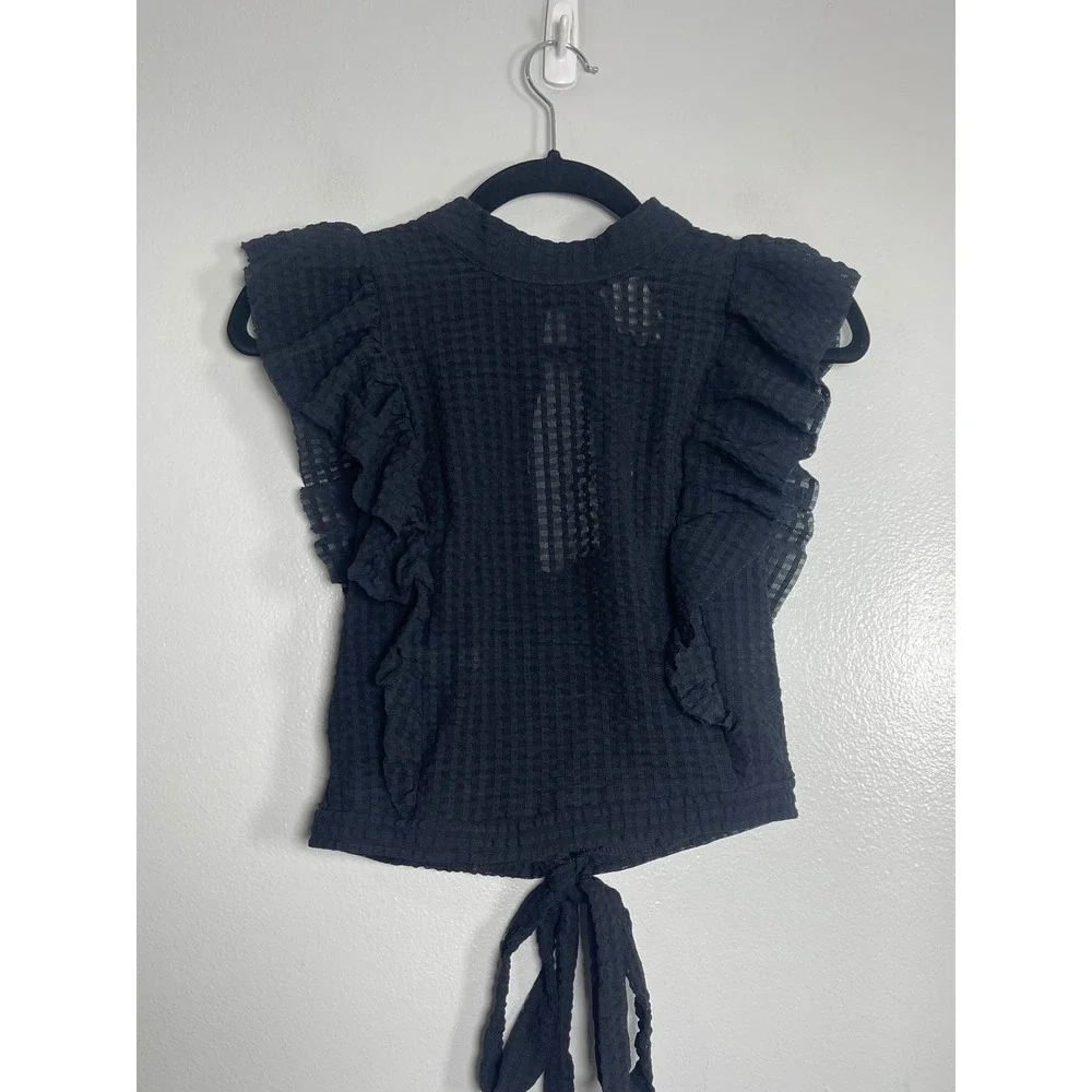 MAEVE Cropped Ruffle Mesh Top Black Small NEW Textured Anthropologie Boho Chic